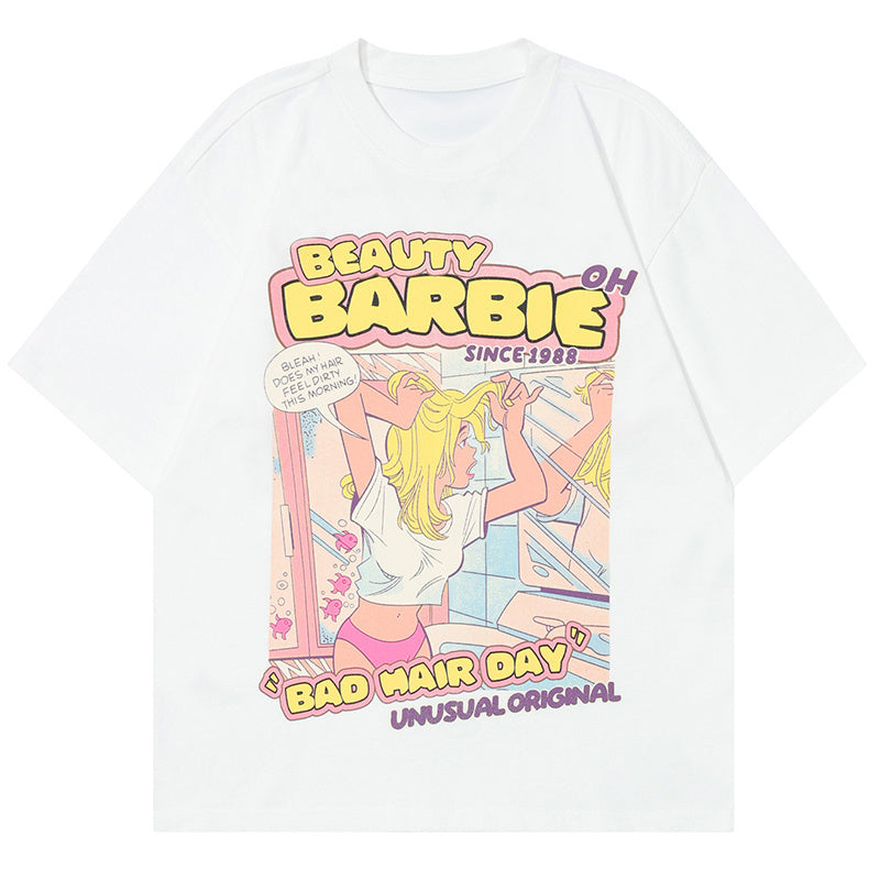 T Shirt Cartoon Girl Back Letter Print Loose Summer Streetwear Fashion Casual Top Short Sleeve