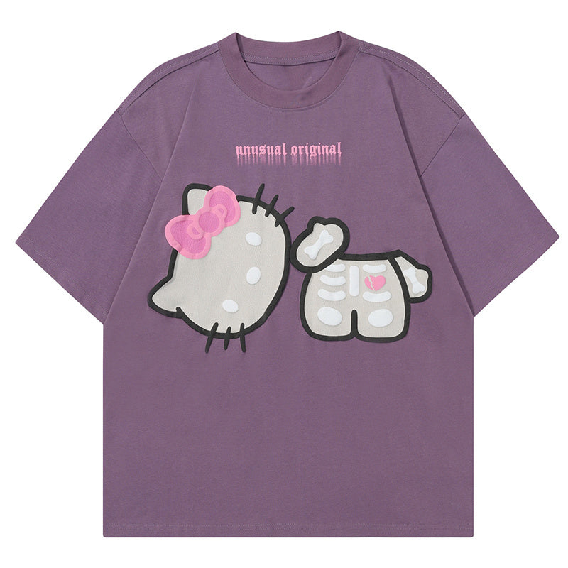 Japanese Cartoon Print T Shirt Oversize Tees Fashion Casual Top Short Sleeve Streetwear Pure Cotton Loose Summer