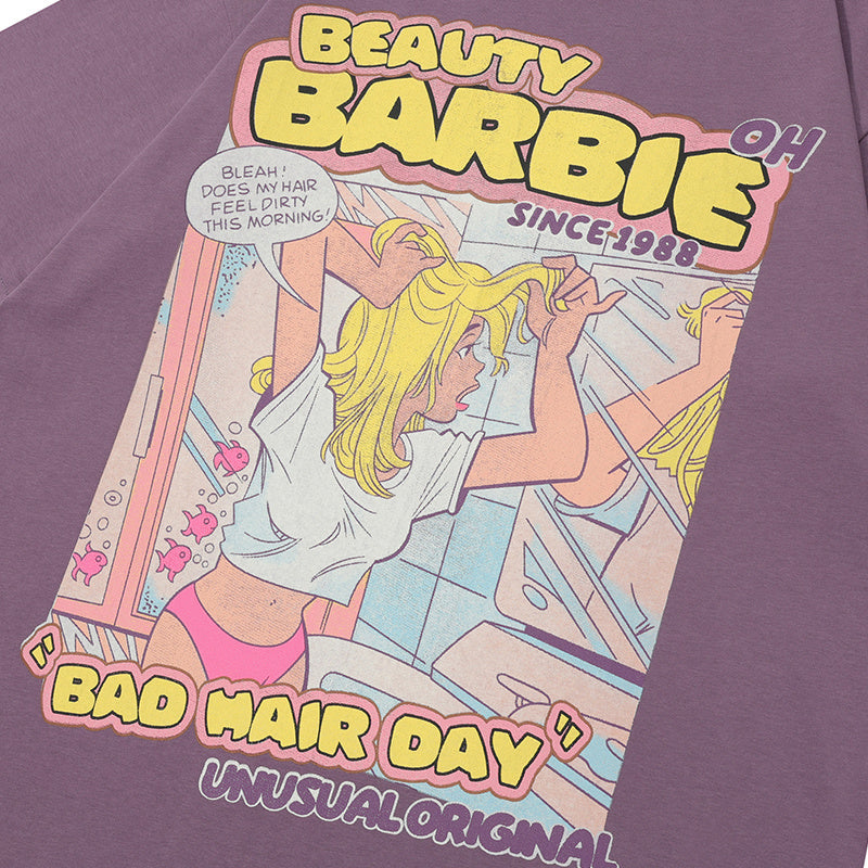 T Shirt Cartoon Girl Back Letter Print Loose Summer Streetwear Fashion Casual Top Short Sleeve