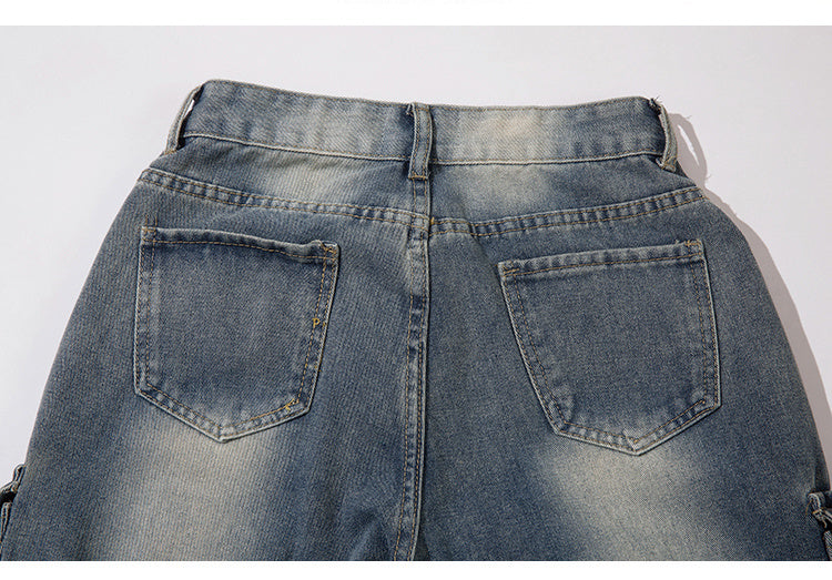 American Style Retro Puppies Handsome Hip-Hop Multi-Pocket Overalls Trendy Loose Straight-Leg Jeans For Men And Women
