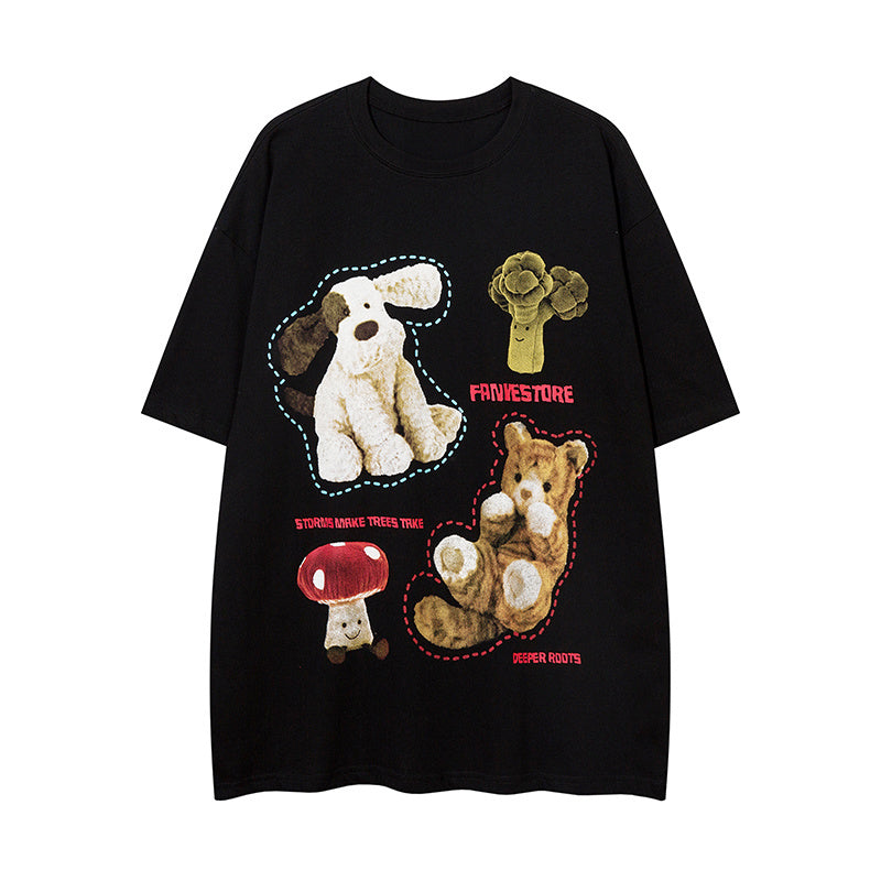 Toy Pattern Round Neck Summer Trendy Streetwear Tee Loose Casual Short Sleeve Cotton High Quality