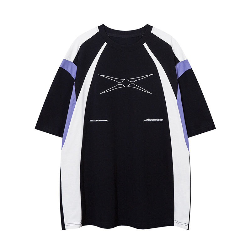 Raglan Sleeve Streetwear T Shirts Color Contrast Casual O Neck Tee Oversize Short Sleeve Summer Fashion Biker Style