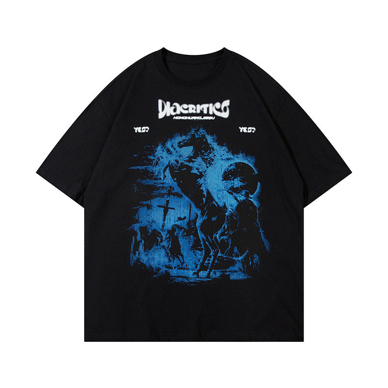Retro Streetwear T Shirt Horse Print Crew Neck Short Sleeve Summer Fashion Tee Simple Loose Cotton Casual