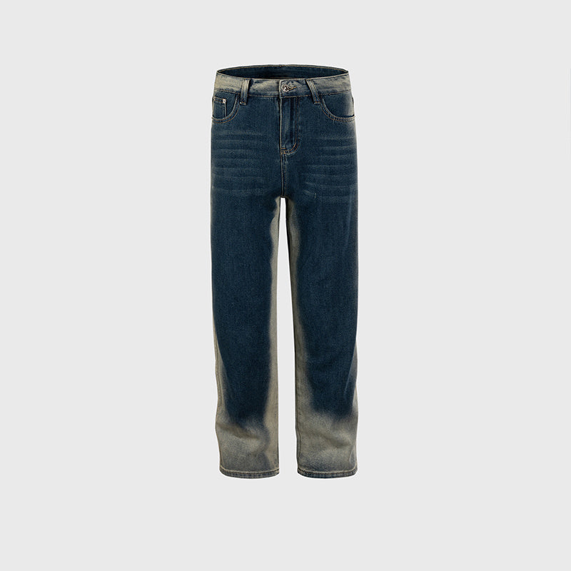 Women's Clothing Men's Urban Washed Old Pants Men's And Women's Same-style Contrast Color Gradient Stitching Straight-leg Jeans Trendy