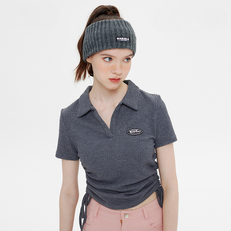Age-reducing Korean Style College Style Polo Collar T-shirt Women's Summer Niche Drawstring Hot Girl Short Top Trendy