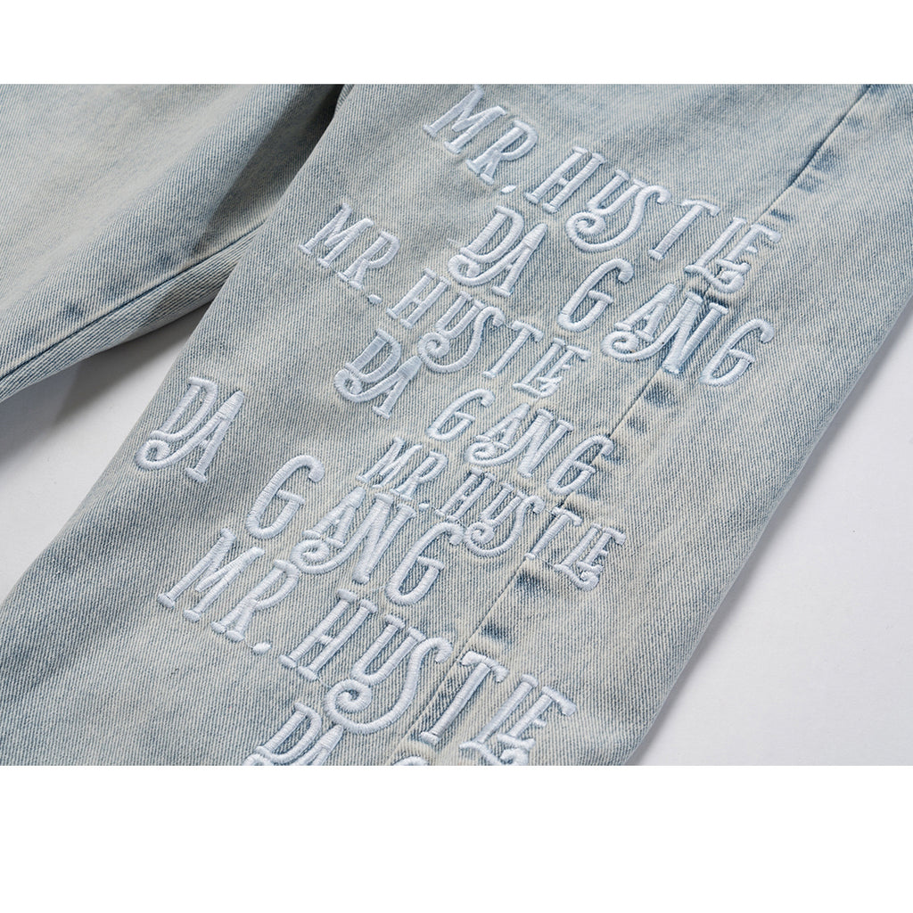 Men's Wear Women's Autumn And Winter Urban English Embroidery Wash-made Old Pants Men's And Women's Unisex Slim-fit Jeans Trendy