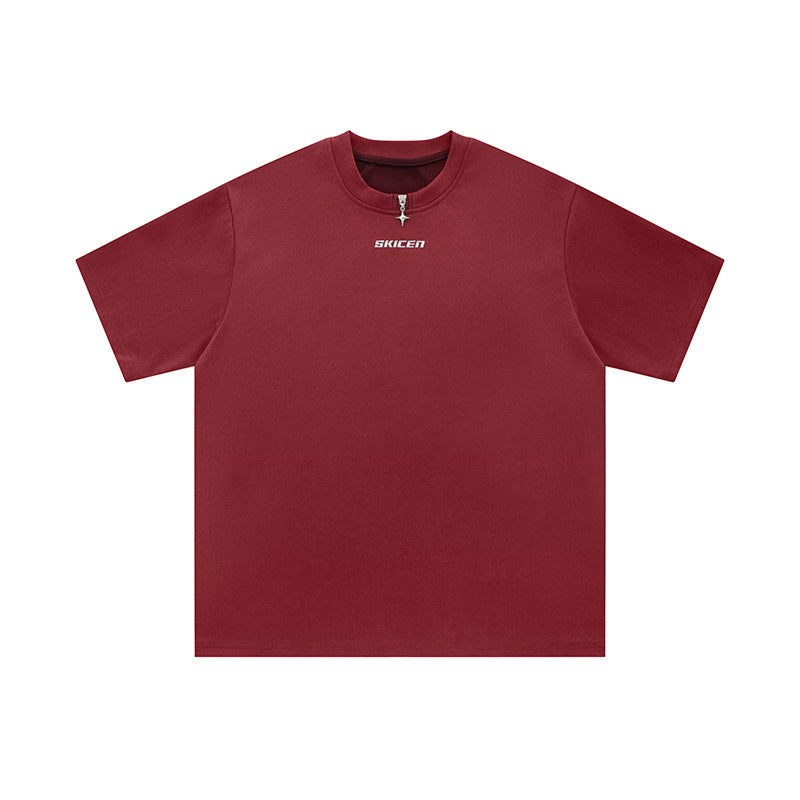 T Shirts Zipper Loose Streetwear Short Sleeve Tee Casual Round Neck Summer Solid Color Hip Hop