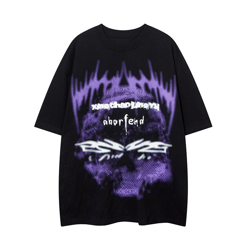 Ghost Print Streetwear T Shirt Short Sleeve Round Neck Summer Cotton Tee Loose Casual Simple Trendy