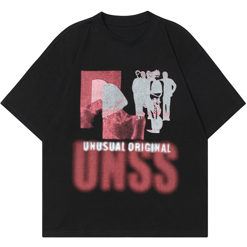 Colorful Letter Human Print T Shirt American Retro Loose Summer Streetwear Fashion Casual Top Short Sleeve