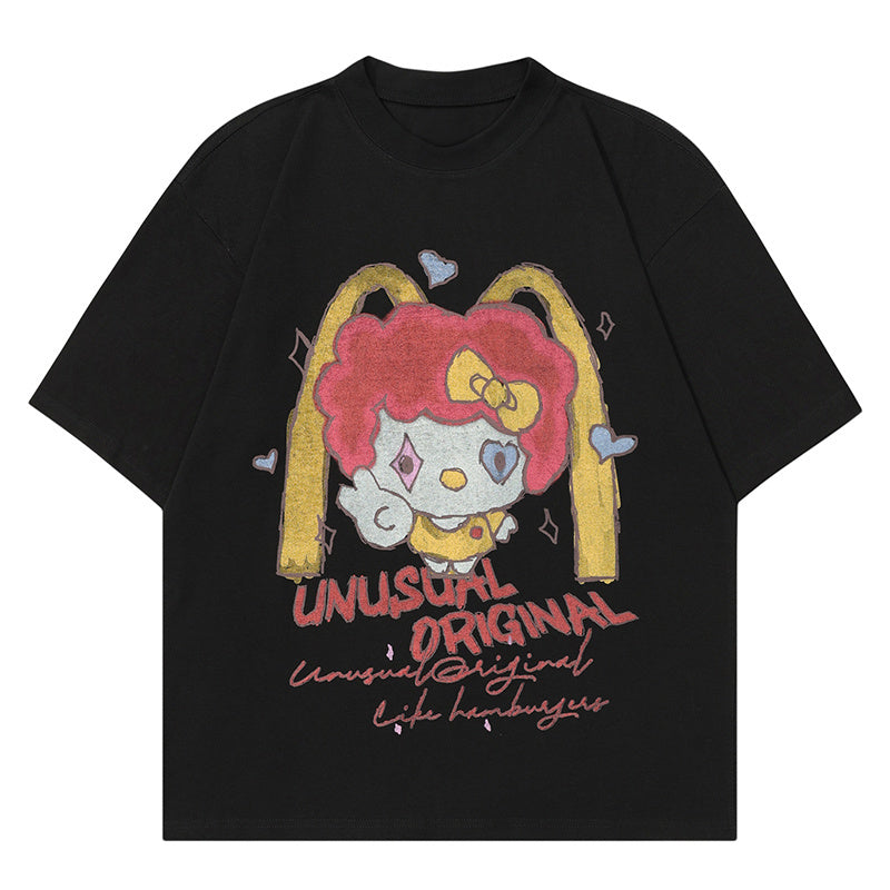 Cartoon Print T Shirt Loose Summer Streetwear Fashion Casual Top Short Sleeve Pure Cotton