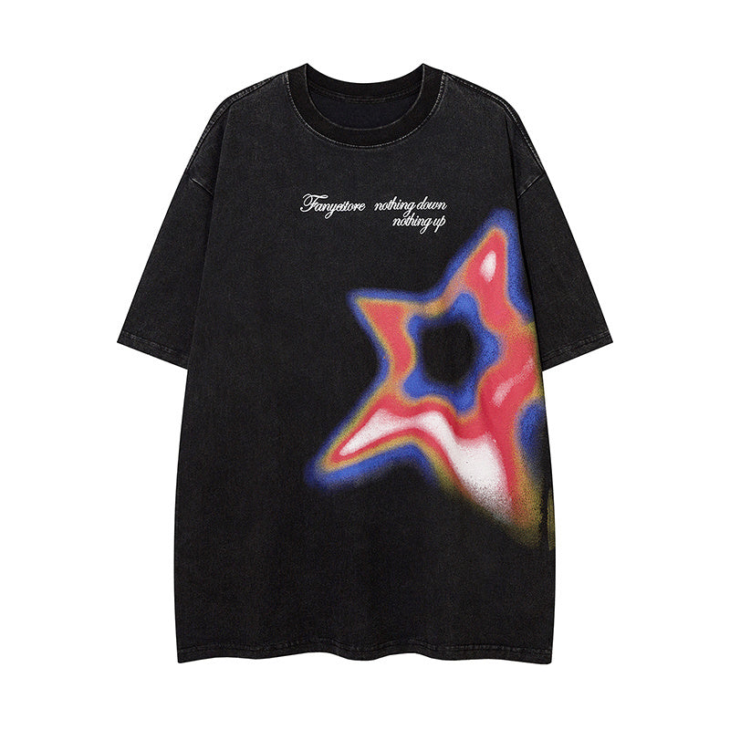 Cotton Star Pattern Round Neck Summer Fashion Streetwear Tee Loose Casual Short Sleeve High Quality Washed