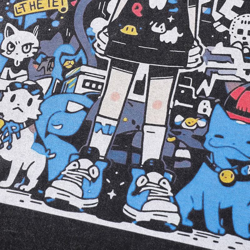 Streetwear T Shirts Vintage Cotton Washed Loose Trendy Cartoon Girl Print Tee Short Sleeve Casual O Neck Summer