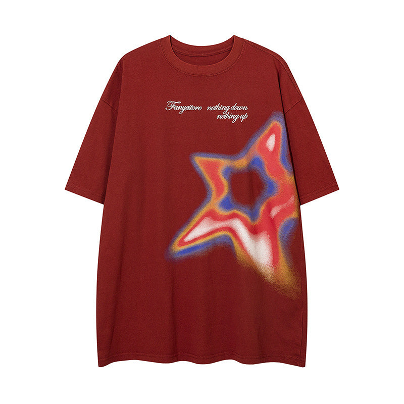 Cotton Star Pattern Round Neck Summer Fashion Streetwear Tee Loose Casual Short Sleeve High Quality Washed