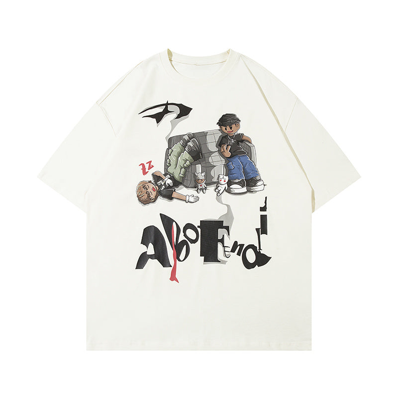 Streetwear T Shirt Character Print Short Sleeve Round Neck Summer Cotton Loose Casual Fashion Tee Simple