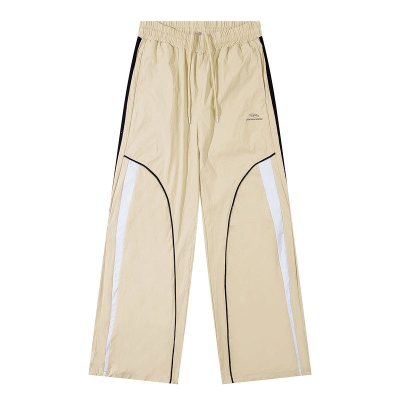 Color Contrast Pants Paneled Drawstring Elastic Waist Loose Wide Leg Trousers Front Pocket Comfortable Autumn