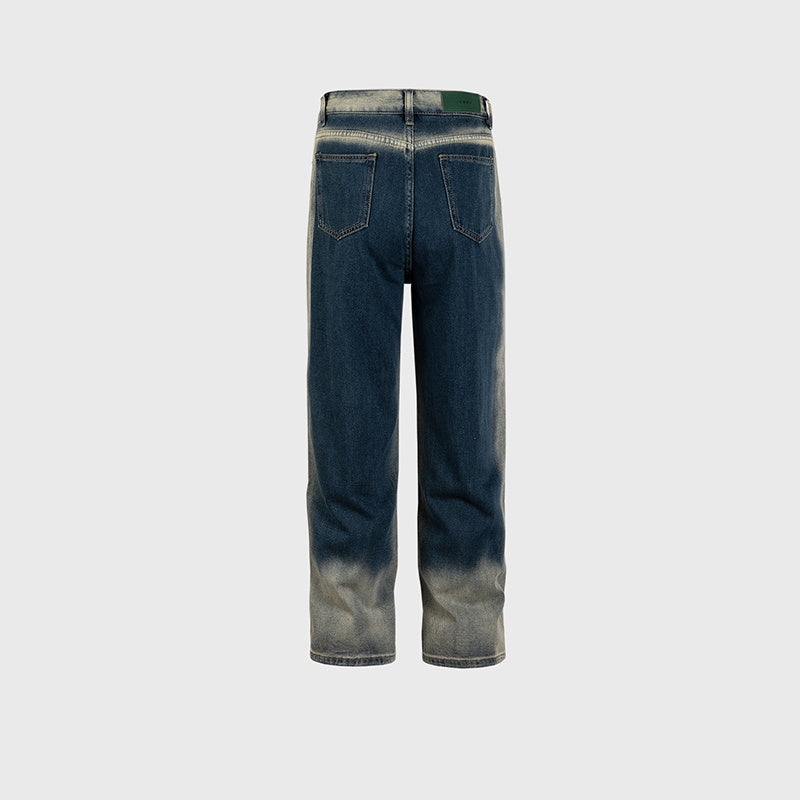 Women's Clothing Men's Urban Washed Old Pants Men's And Women's Same-style Contrast Color Gradient Stitching Straight-leg Jeans Trendy