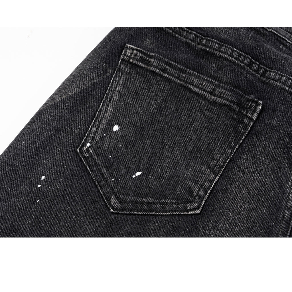 Men's Women's Spring And Summer Urban Splash Lacquer Washed Old Black Cow Men's And Women's Slight Stretch Slim-Fit Jeans