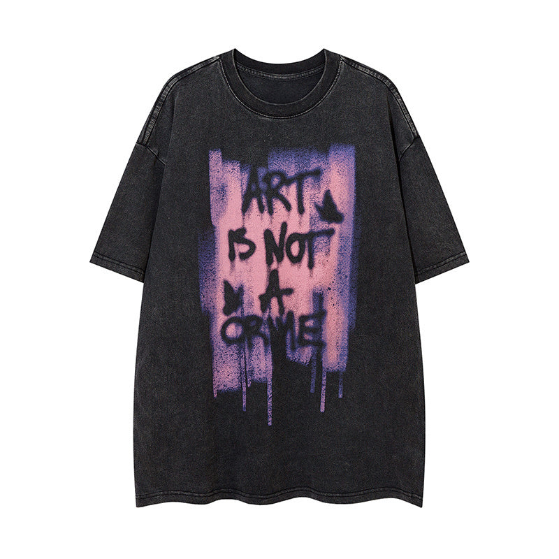 Streetwear Retro Letter Print Washed Short Sleeve Crew Neck Summer Fashion Design Tee Oversize Cotton Casual Simple