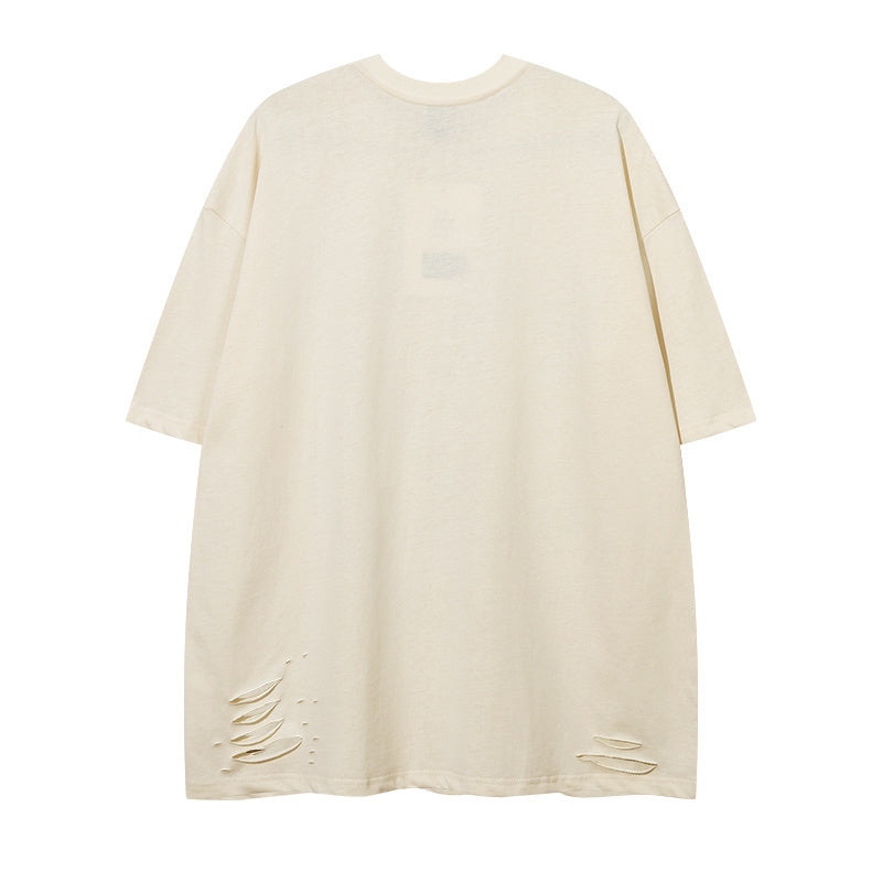 Retro Streetwear T Shirt Letter Print Crew Neck Short Sleeve Summer Fashion Tee Simple Loose Cotton Casual Hole