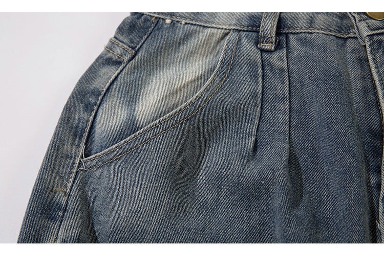American Style Retro Puppies Handsome Hip-Hop Multi-Pocket Overalls Trendy Loose Straight-Leg Jeans For Men And Women
