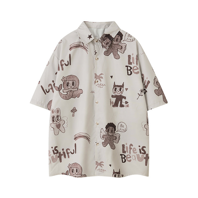 Cartoon Pattern Print Shirts Short Sleeve Loose Button Up Tops Casual Summer Outwear High Quality Fashion Beach