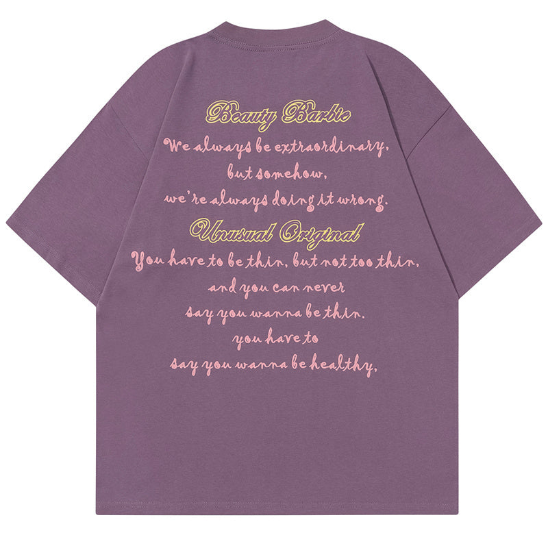 T Shirt Cartoon Girl Back Letter Print Loose Summer Streetwear Fashion Casual Top Short Sleeve