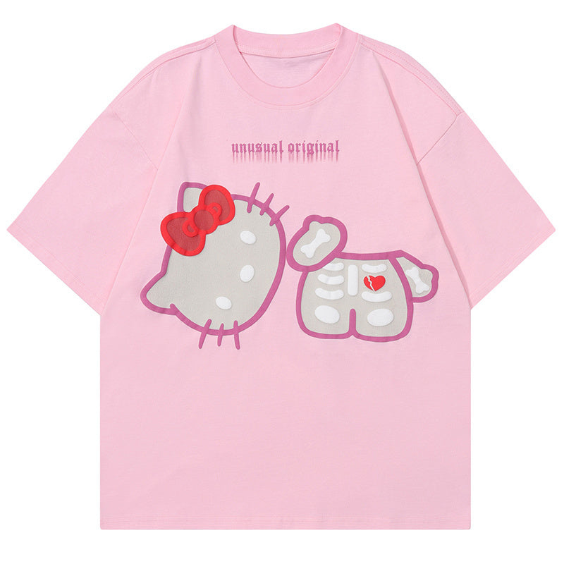 Japanese Cartoon Print T Shirt Oversize Tees Fashion Casual Top Short Sleeve Streetwear Pure Cotton Loose Summer