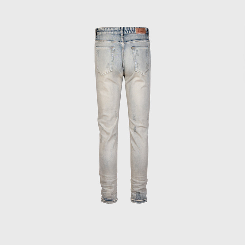 Men's And Women's Autumn And Winter Urban Slim-fit Old Worm Bite Wear Trousers Wide-legged Zipper Washable Denim Trendy