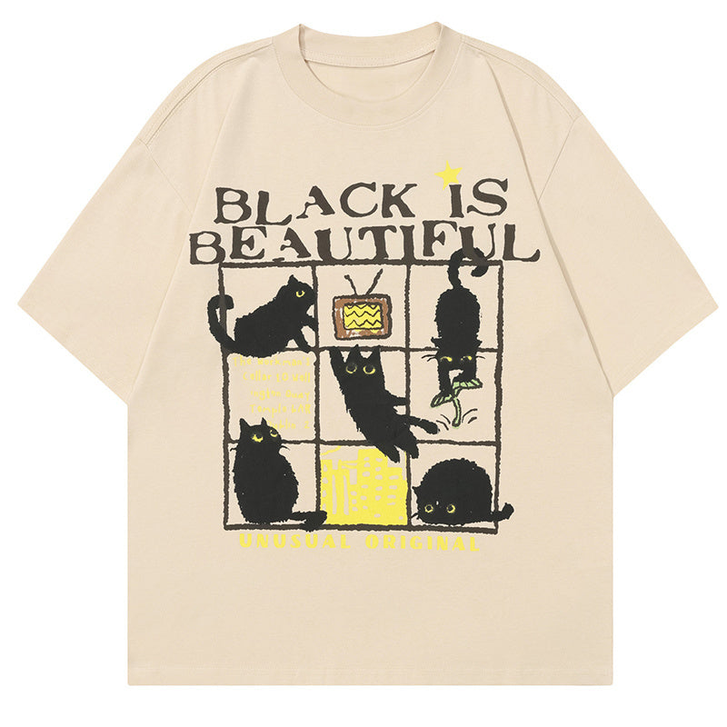 Black Cat Print T Shirt Oversize Tees Fashion Casual Top Short Sleeve Streetwear Pure Cotton Loose Summer