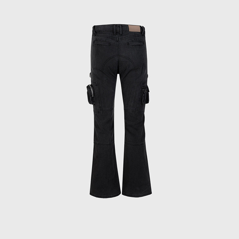 Men's Women's Autumn And Winter Urban Black Multi-Pocket Wide-Leg Trousers Unisex High Street Casual Jeans