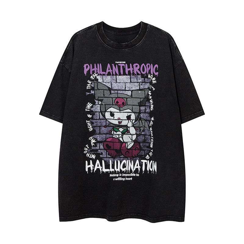 Anime Pattern Cotton Crew Neck Fashion Streetwear Tee Loose Casual Washed High Quality Simple Short Sleeve Summer
