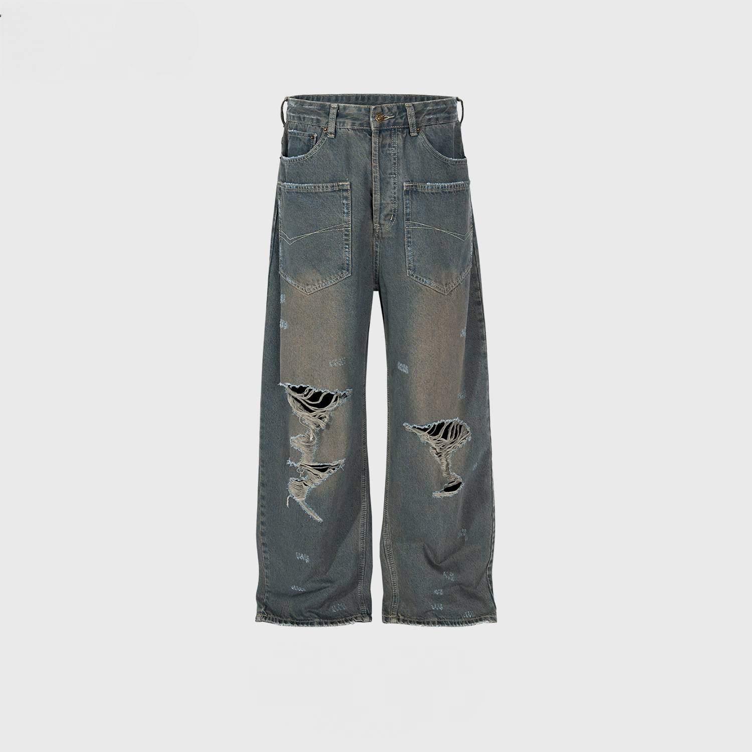 Men's And Women's Wash Pants Unisex High Street Reverse Pocket Erosion Mud Dye Baggy Trendy Jeans