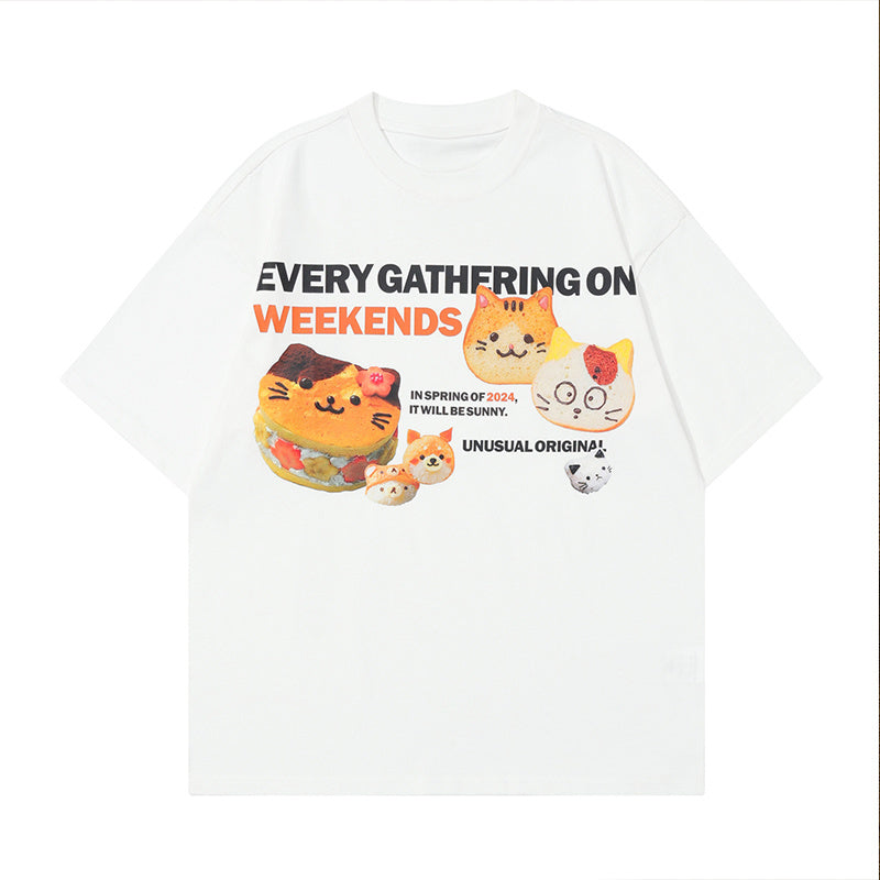 Cat Shape Cake Print T Shirt Oversize Tees Fashion Casual Streetwear Pure Cotton Top Short Sleeve Loose Summer