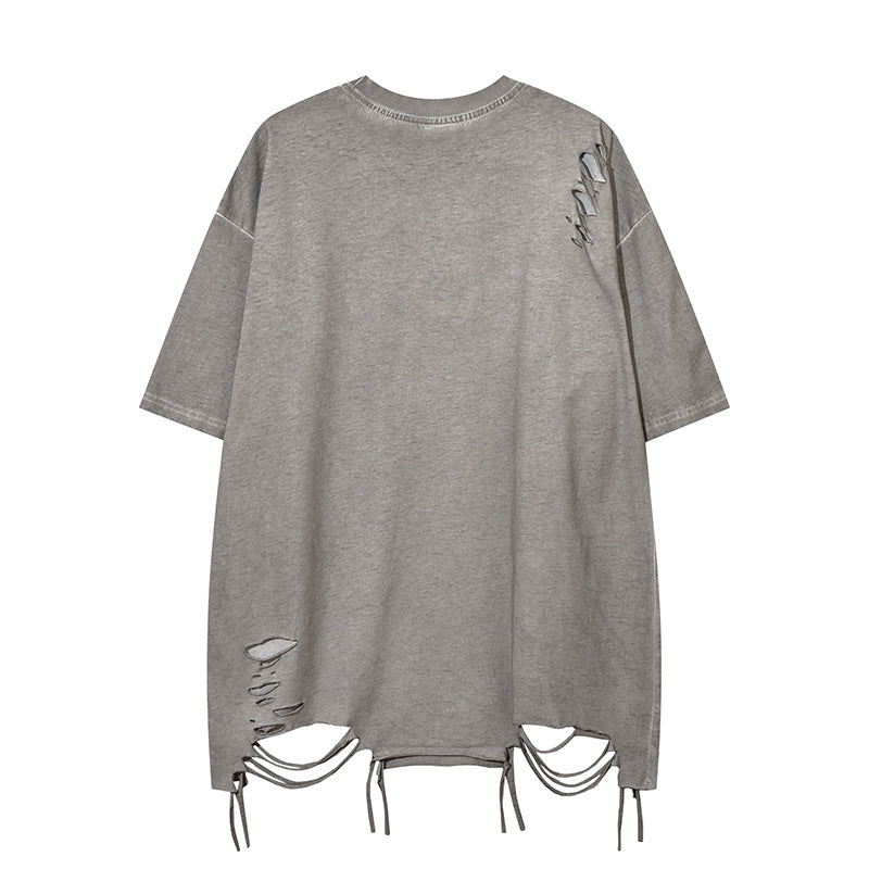 Cotton Crew Neck Summer Fashion Streetwear Tee Loose Casual High Quality Short Sleeve Simple Ripped Design
