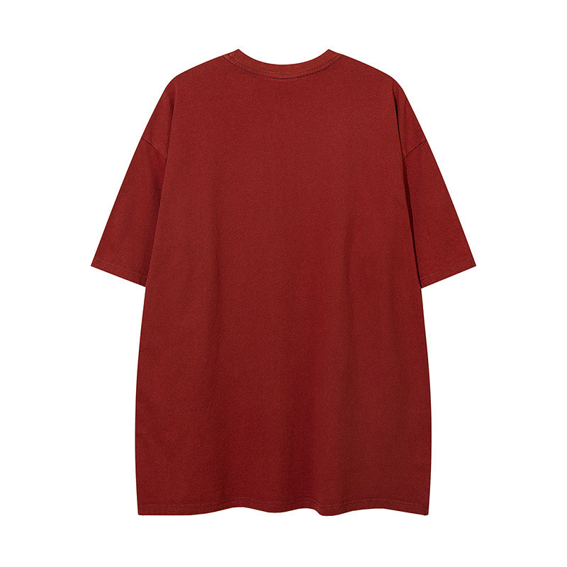 Streetwear Graphic Print Short Sleeve Crew Neck Summer Trendy Tee Loose Cotton Casual Simple Black Red