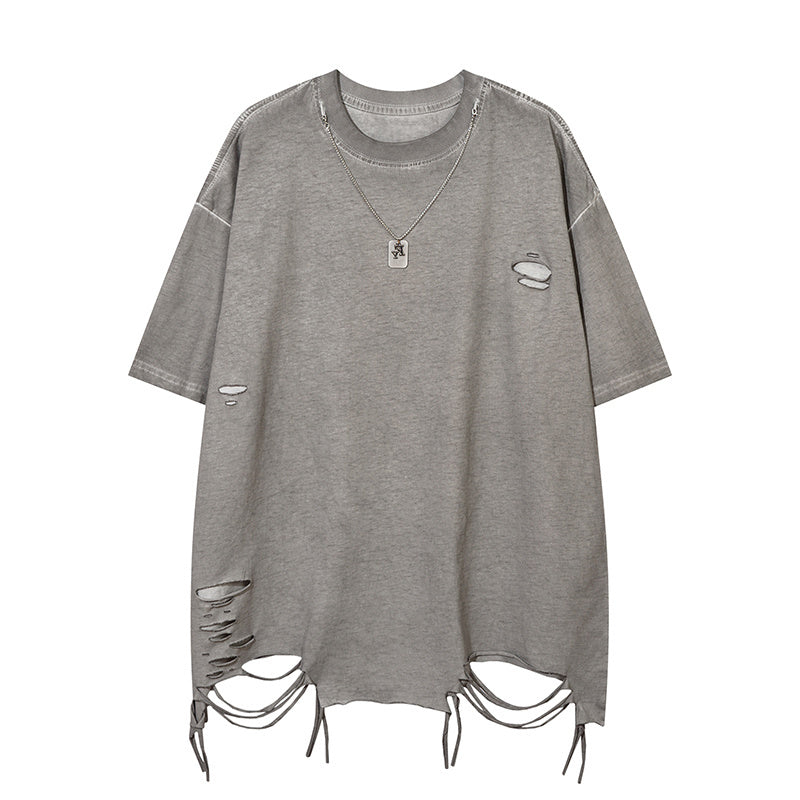 Cotton Crew Neck Summer Fashion Streetwear Tee Loose Casual High Quality Short Sleeve Simple Ripped Design