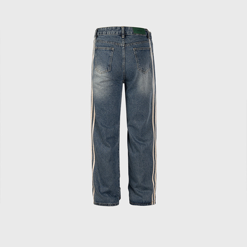 Men's And Women's Urban Bar Line Stitching Grinded White Trousers Men's And Women's Washed Straight Trendy Jeans