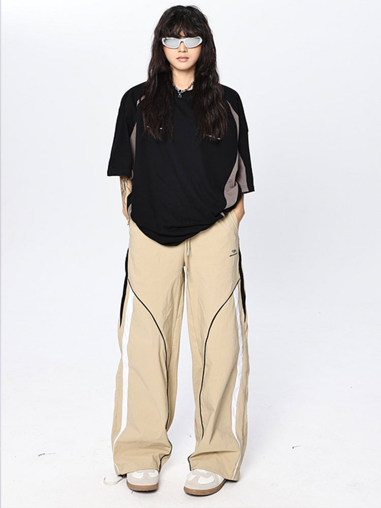 Color Contrast Pants Paneled Drawstring Elastic Waist Loose Wide Leg Trousers Front Pocket Comfortable Autumn