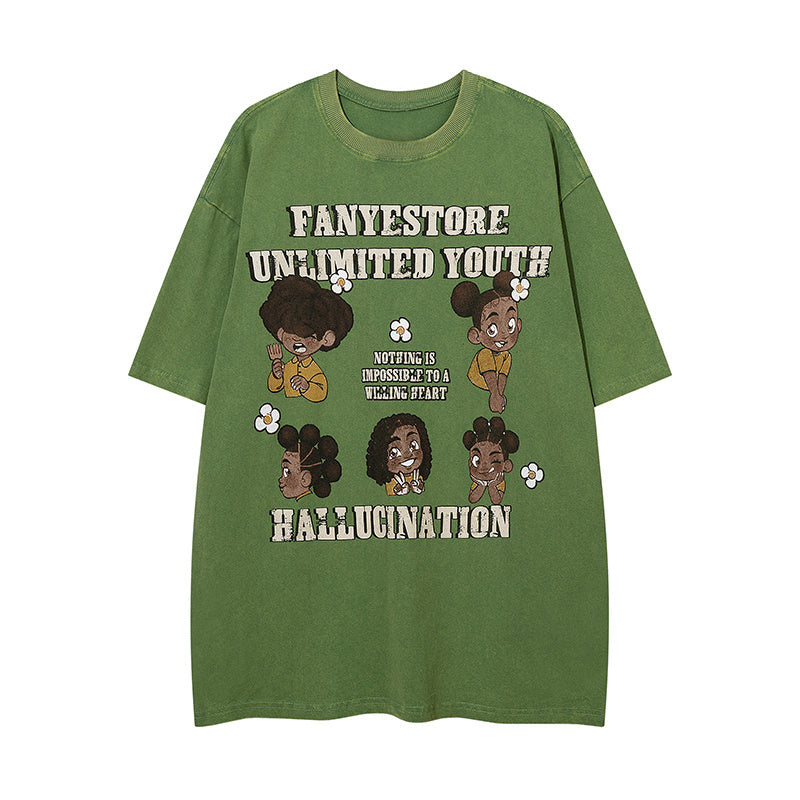Cotton Cartoon Character Pattern Round Neck Summer Fashion Streetwear Tee Loose Casual Short Sleeve High Quality Washed
