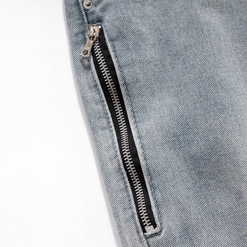 Men's And Women's Urban Zipper Decorative Pants Men's And Women's Washed White Old Parisian Jeans