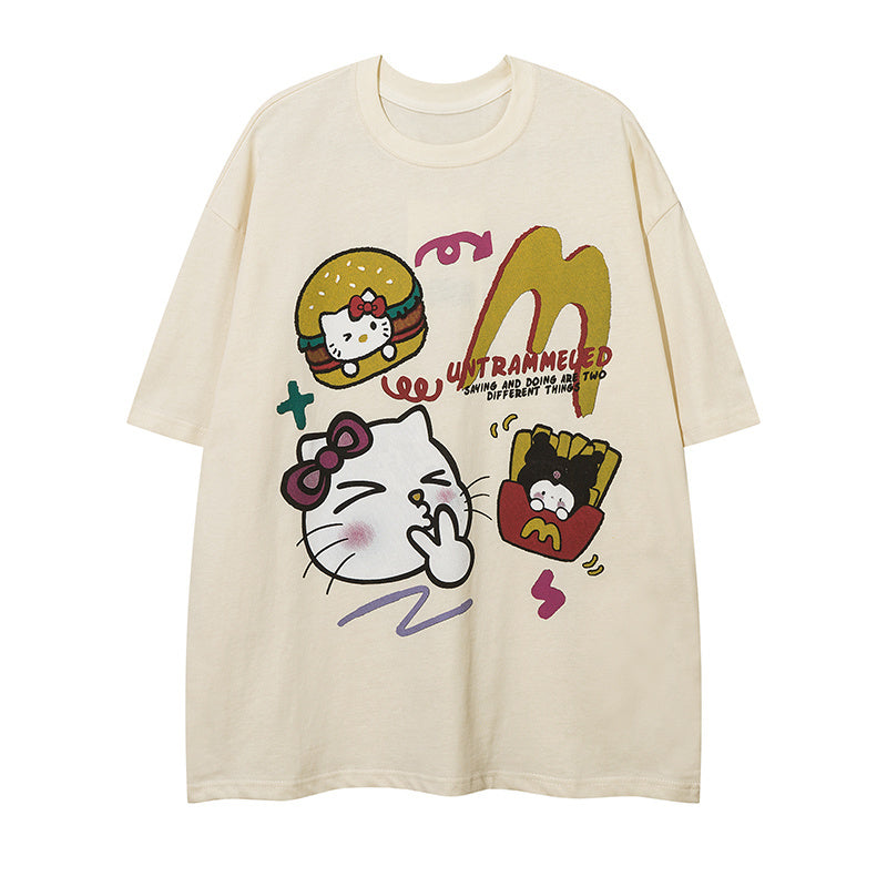 Cotton Cartoon Pattern Round Neck Summer Fashion Streetwear Tee Loose Casual High Quality Short Sleeve