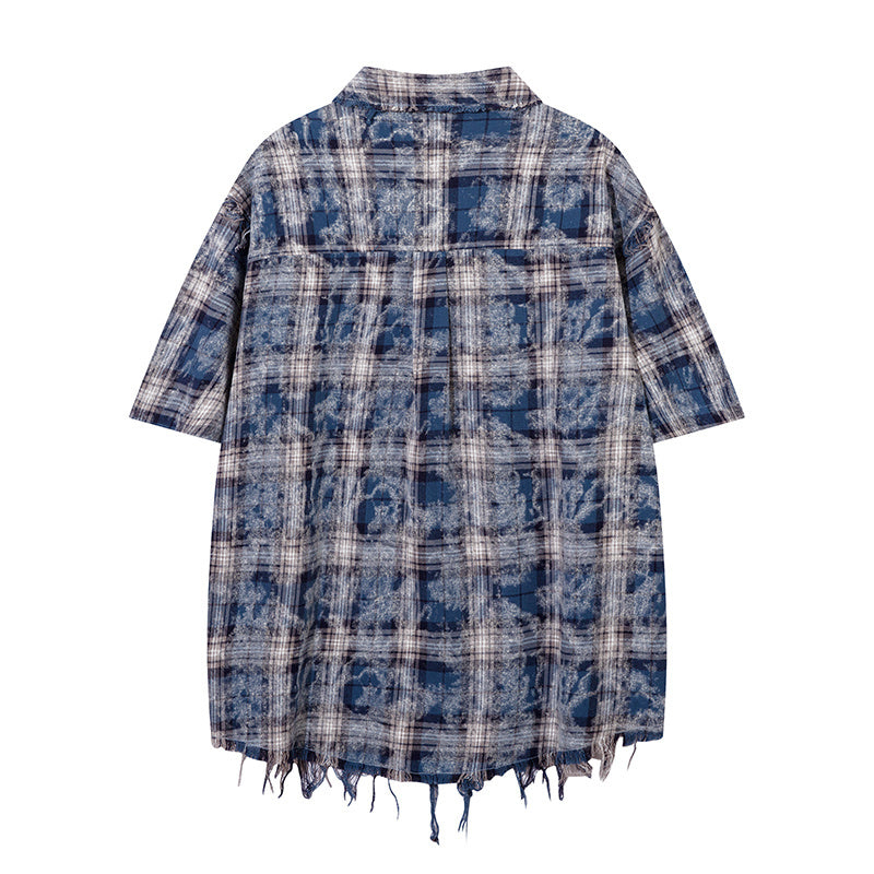 Vintage Plaid Polo Tassel Streetwear Short Sleeve Summer Casual Fashion Lapel Simple Blue