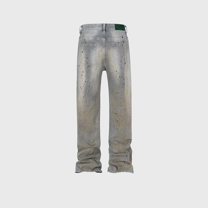 Men's And Women's Splash Ink Embellishment Design Trousers Men's And Women's Same Style Wash Water Old High Street Straight Gray Jeans