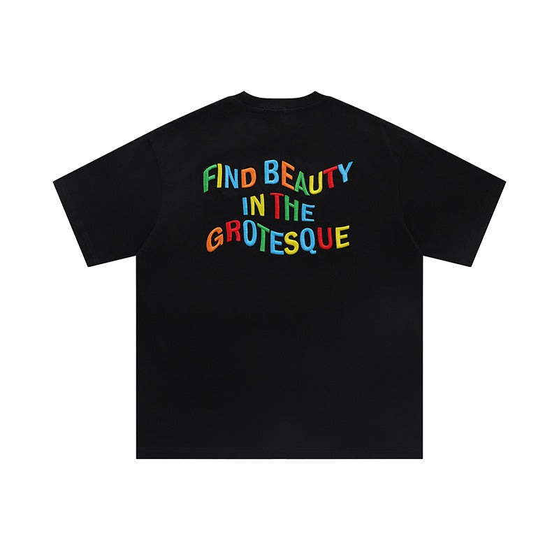 Streetwear T Shirts Oversize Colorful Letter Embroidery Fashion Short Sleeve Cotton Tee Casual