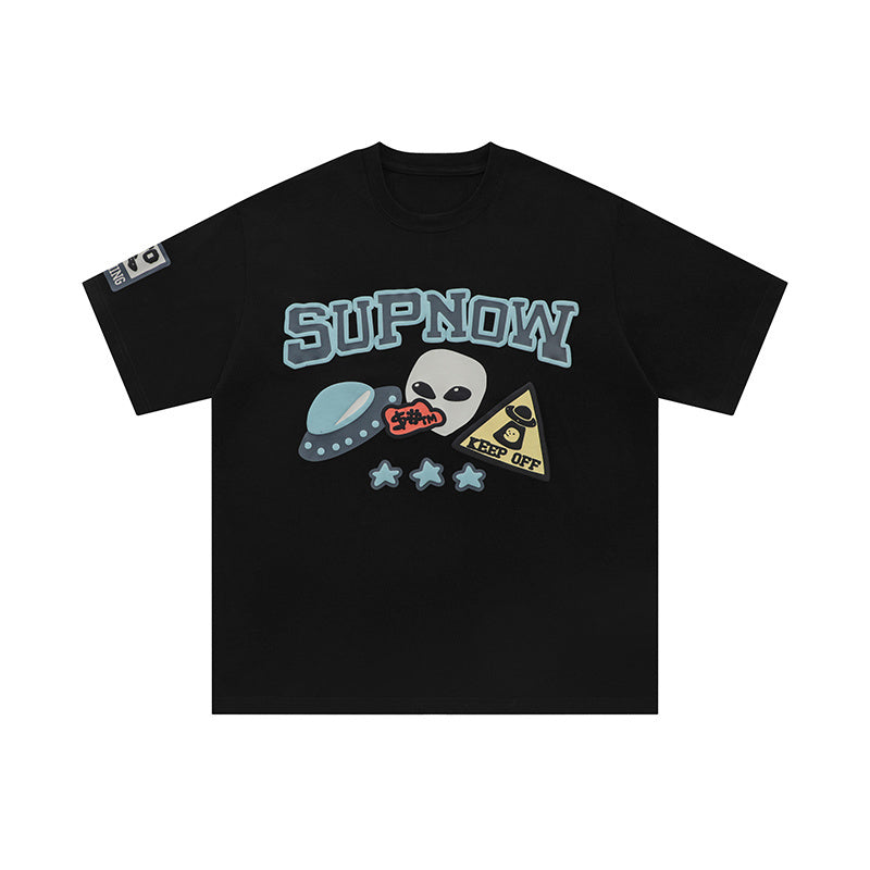UFO Alien Graphic Print Oversize Tees Fashion T Shirt Pure Cotton Top Short Sleeve Loose Summer Casual Streetwear