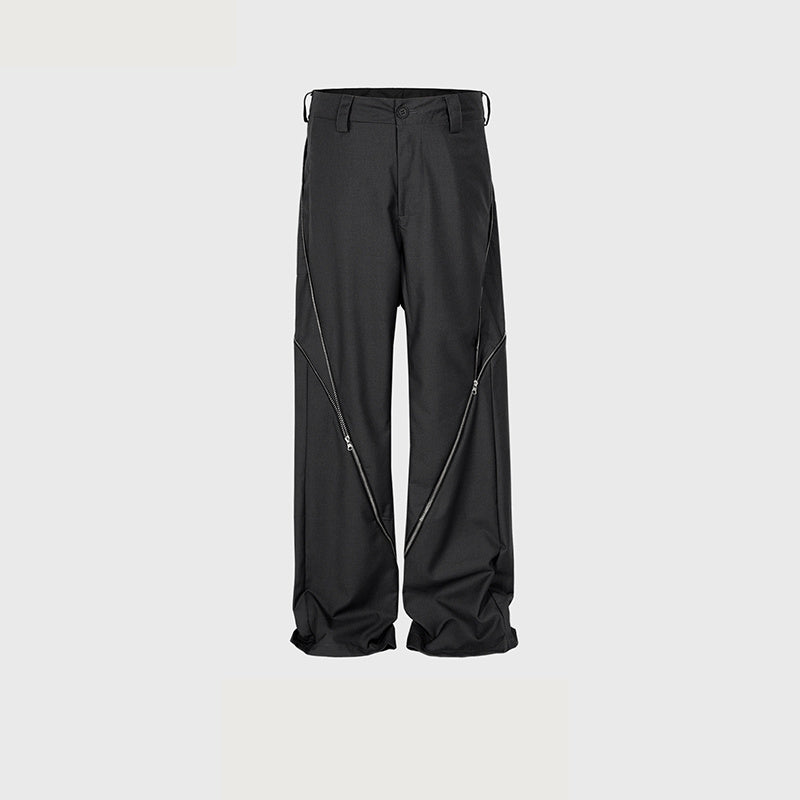 Men's And Women's Spiral Zipper Design Trousers Unisex High Street Black And Grey Two-color Straight Casual Trousers