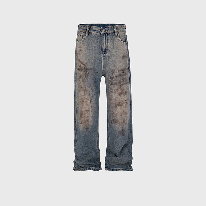 Men's Clothing Women's High Street Splash Paint Hand-painted Trousers Men's And Women's Same Style Washed Old Straight Wide-legged Blue Jeans