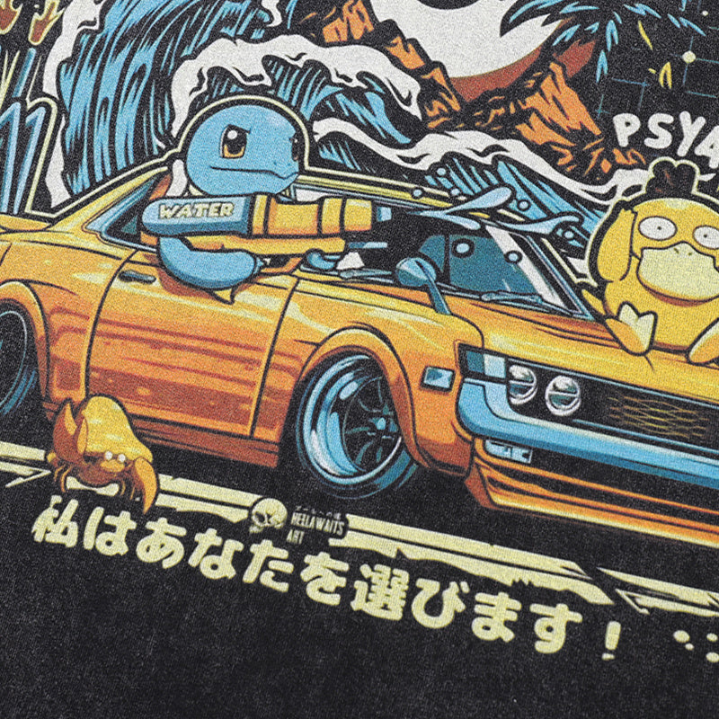 Vintage T Shirts Washed Loose Cotton Fashion Japanese Anime Print Tee Casual Streetwear Round Neck Summer Short Sleeve