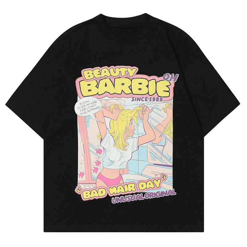 T Shirt Cartoon Girl Back Letter Print Loose Summer Streetwear Fashion Casual Top Short Sleeve