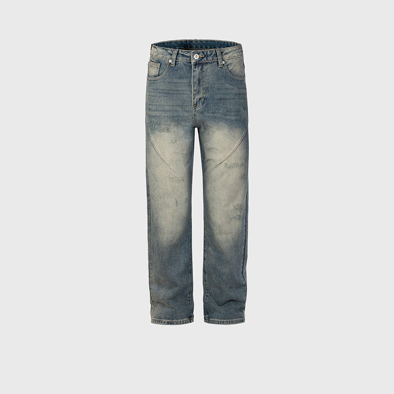 Men's And Women's Urban Deconstruction Stitching Insect Bite Damage Trousers Men's And Women's Blue Straight High Street Jeans